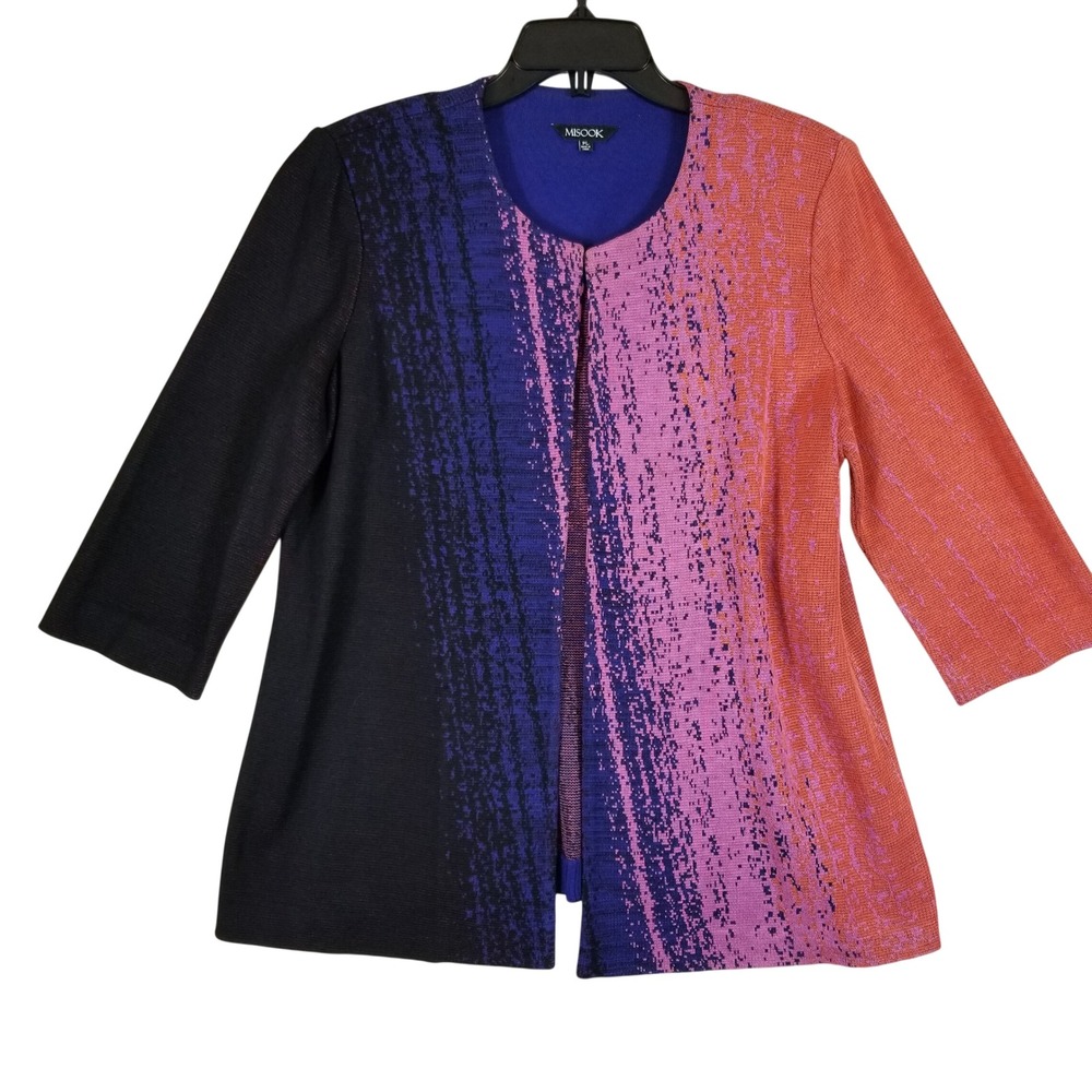 Misook Knit Jacket Women PL Multicolor‎ Ombre Open Front 3/4 Sleeve Artistic